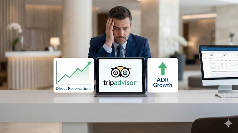 Gerente de hotel analizando el impacto de TripAdvisor en el ADR y reservas directas