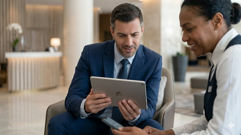 Gerente de hotel y personal analizando los resultados exitosos y la automatización de cómo funciona TripAdvisor en myHotel.