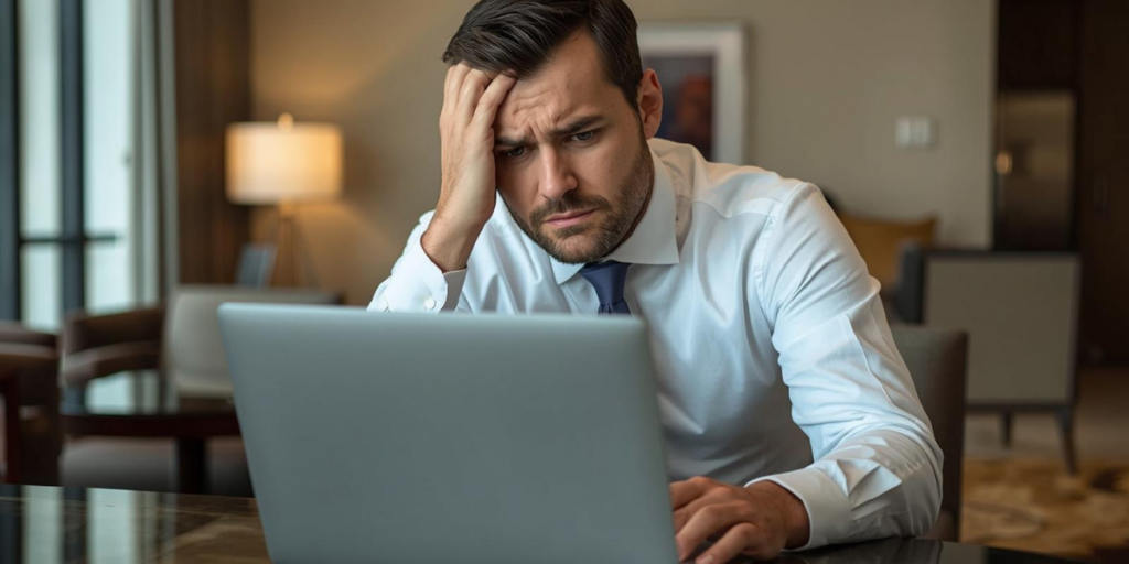 gerente de hotel estresado mirando la laptop donde está viendo los kpis de un hotel