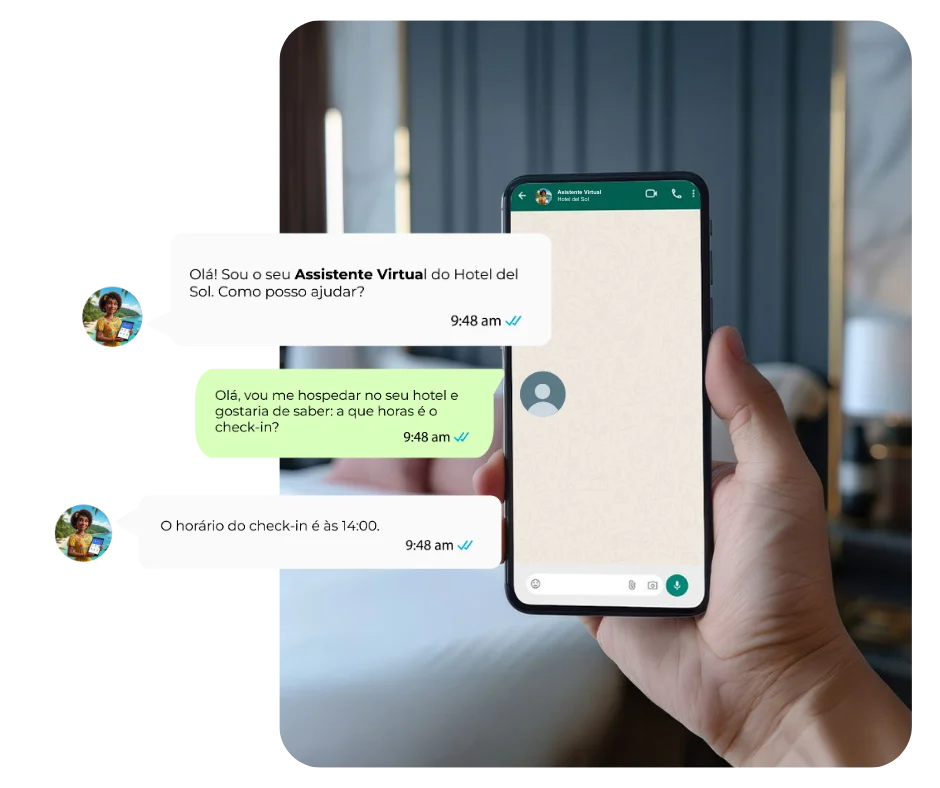 Conversa com um assistente virtual com IA para hotéis respondendo às consultas dos hóspedes em tempo real