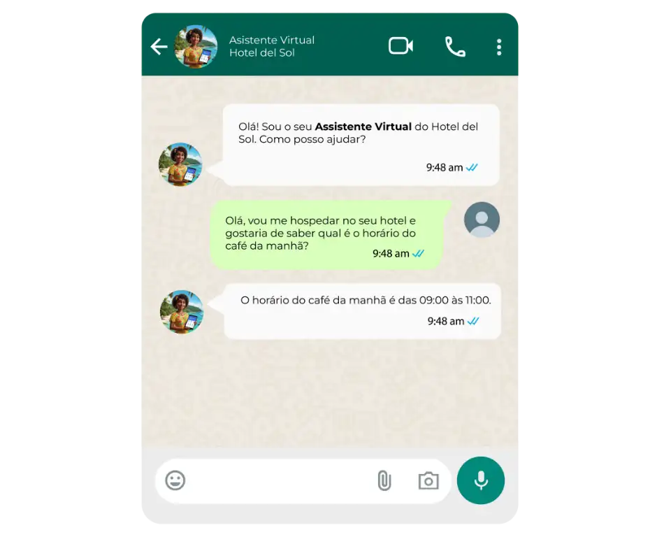 Conversa fluida entre hóspede e assistente virtual com IA para hotéis durante a estadia