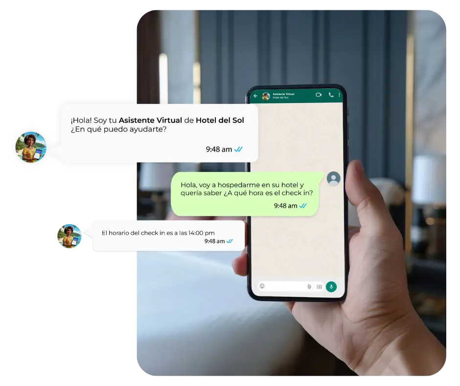 Conversación con un asistente virtual con IA para hoteles respondiendo consultas de huéspedes en tiempo real