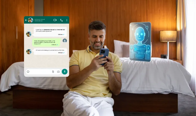 huésped hablando con un asistente virtual con IA versus un chatbot para hoteles