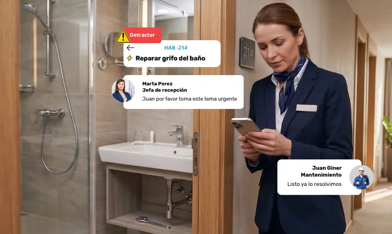 Jefe de recepción usando un sistema de gestión de incidencias para hoteles en tiempo real con inteligencia artificial