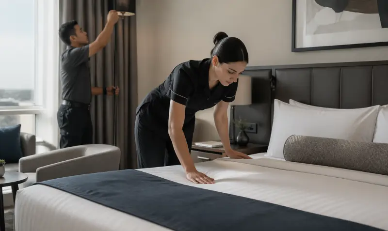 personal de limpieza arreglando la habitación del huésped