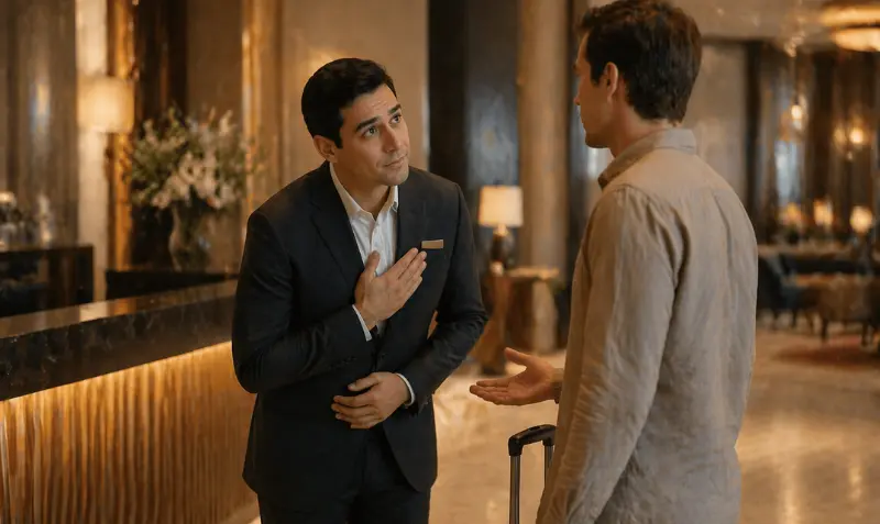 gerente pidiendo disculpas a un huésped por una mala experiencia y una mala gestión de incidencias