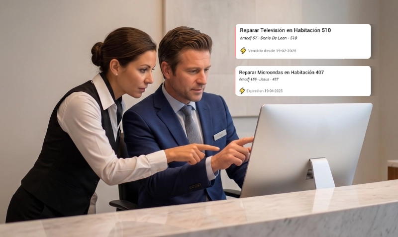 gerente de hotel usando un gestor de incidencias en su hotel